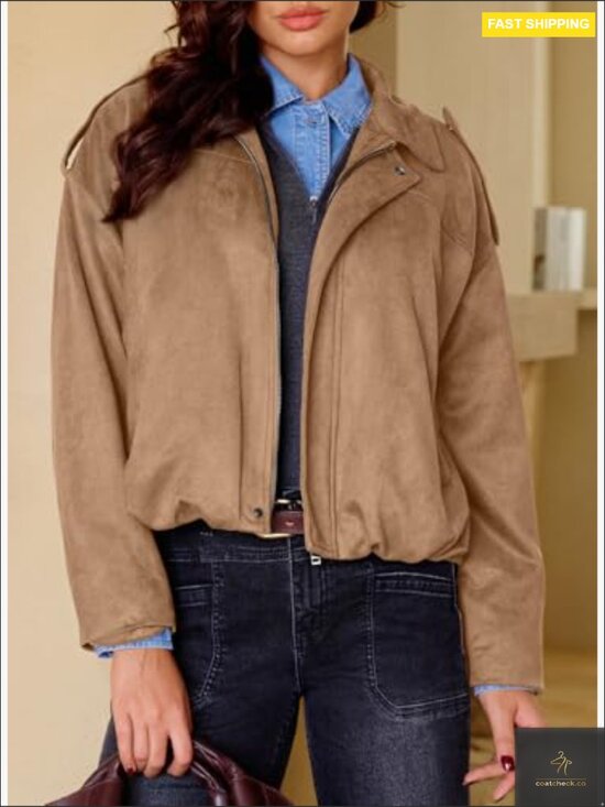 Faux Suede Bomber Jacket Cropped Zip Up Long Sleeve Trendy Y2K Outerwear with - Picture 3 of 7